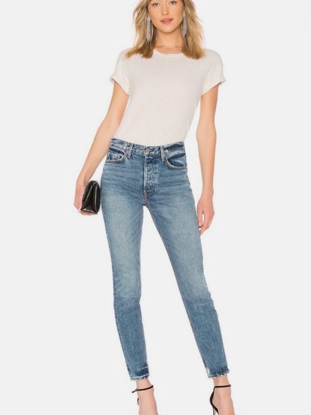GRLFRND High-Rise Slim Straight Jeans - Light Blue Wash